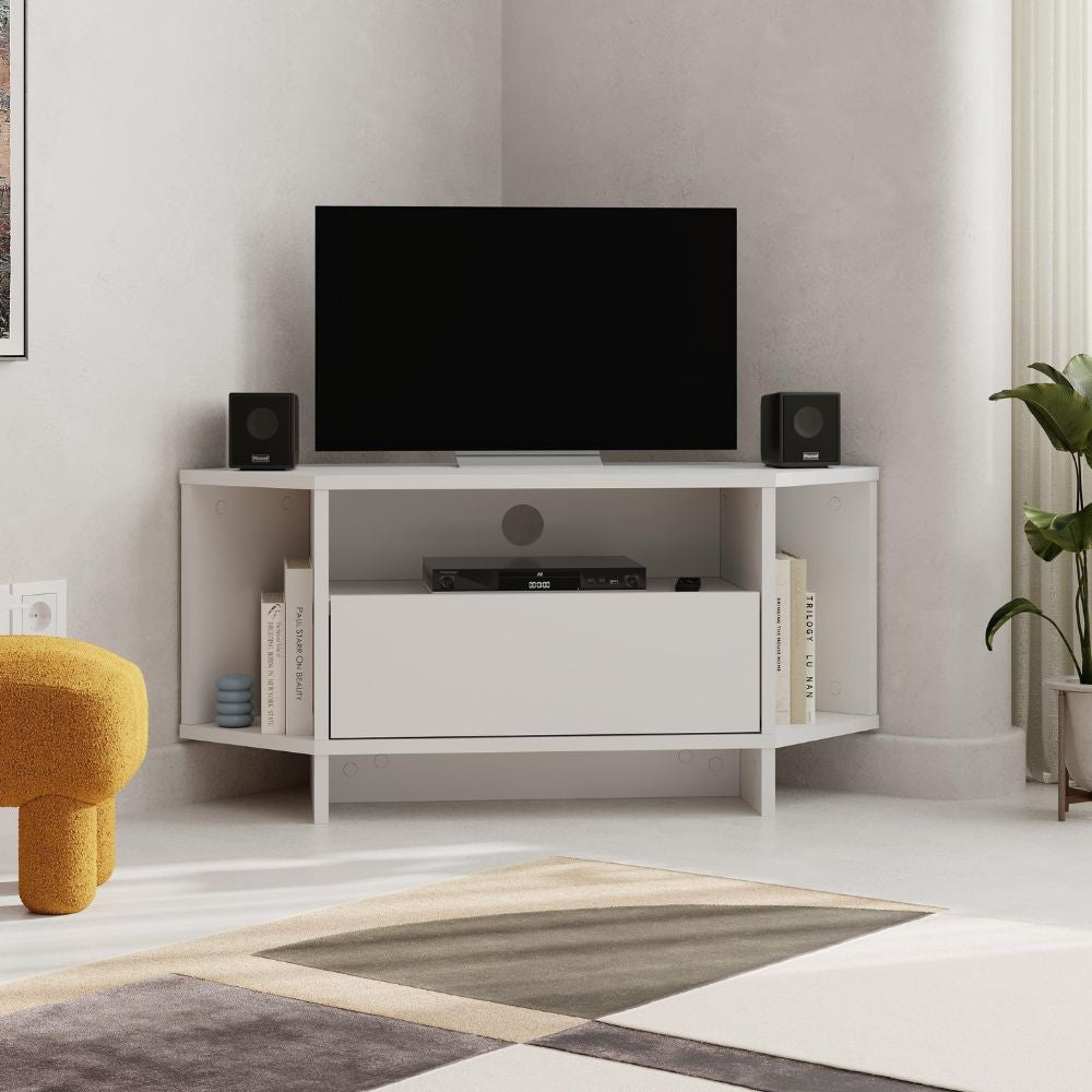 Porta tv angolare Viva con nicchie a giorno in colore bianco