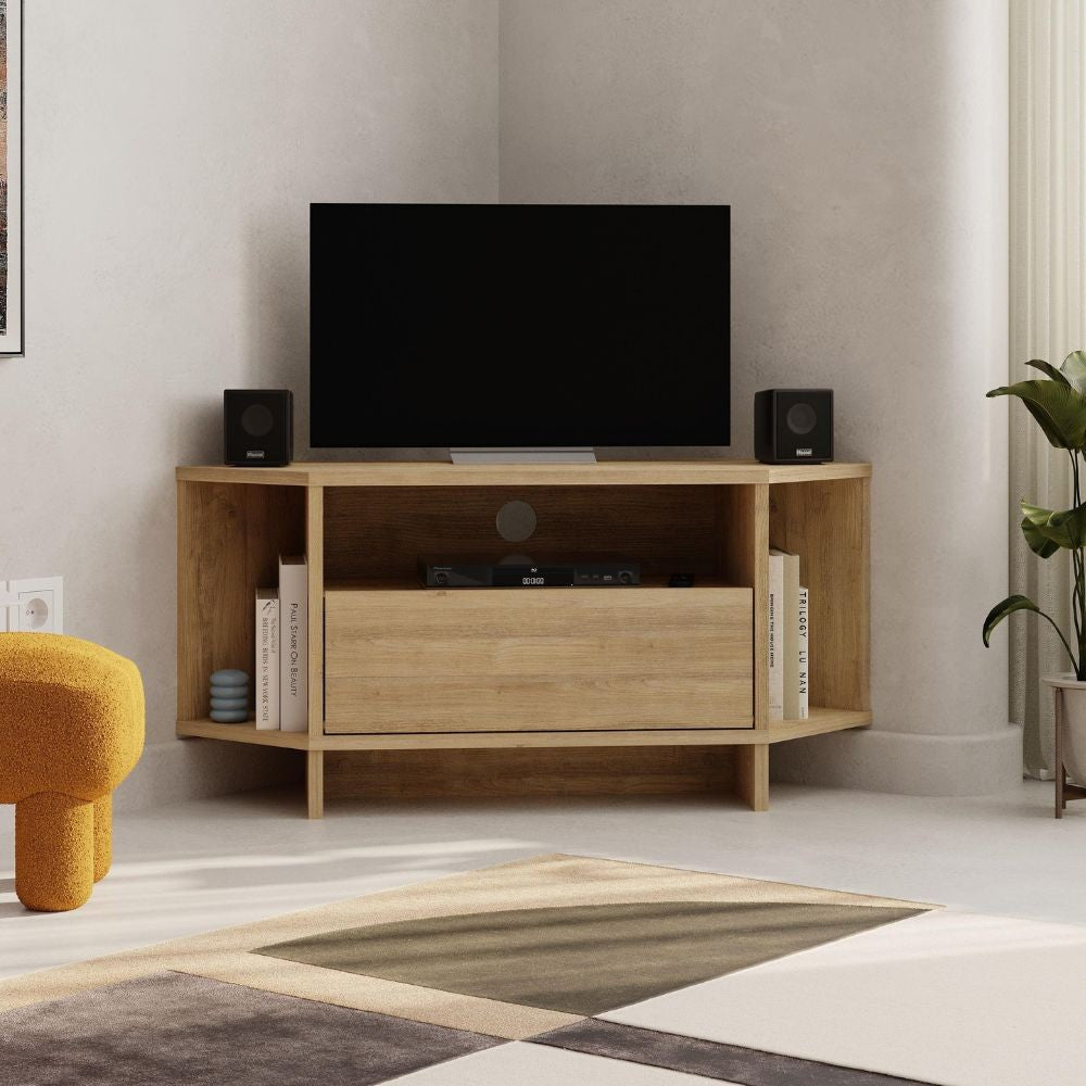 Porta tv angolare Viva con nicchie a giorno in colore rovere