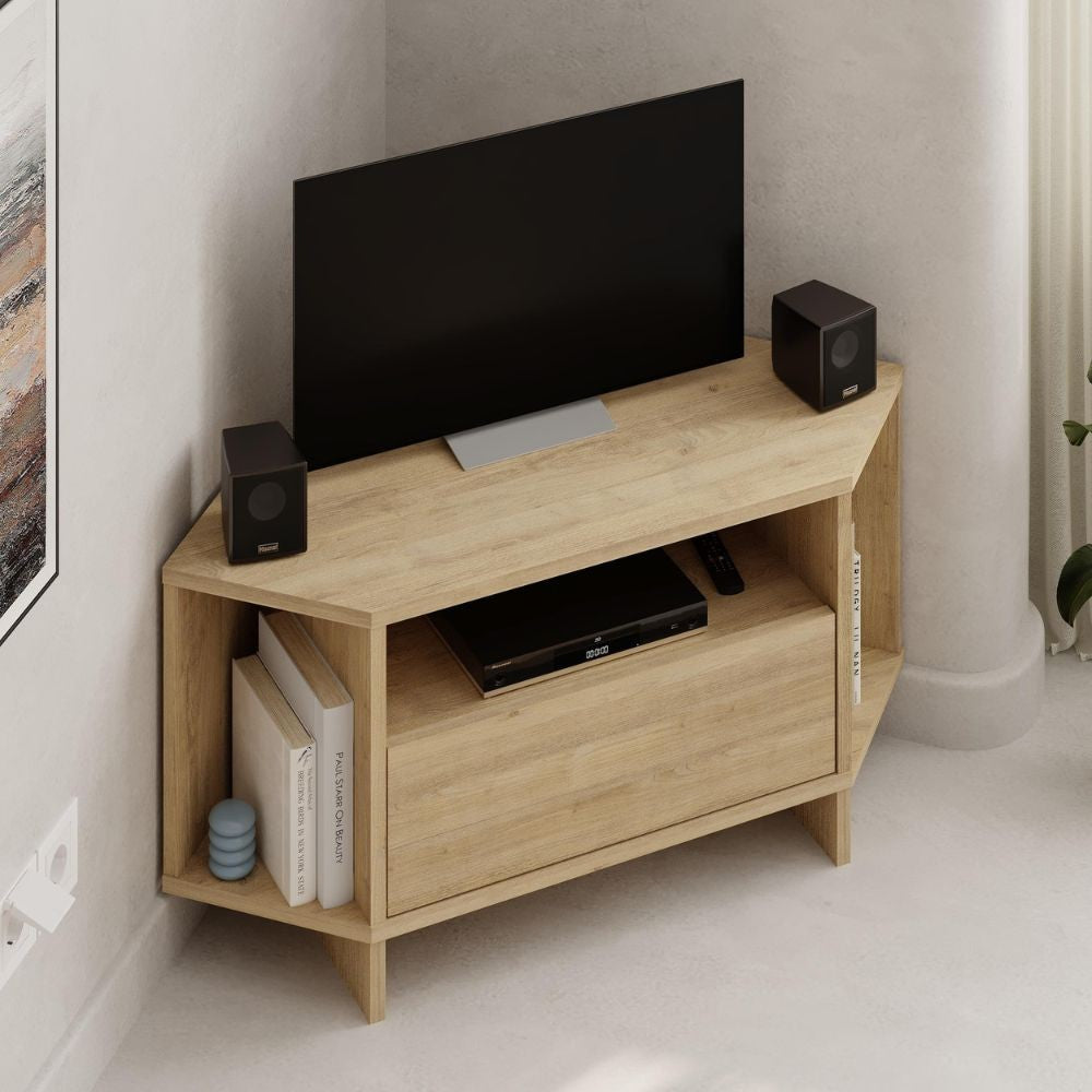 Porta tv angolare Viva con nicchie a giorno in colore rovere