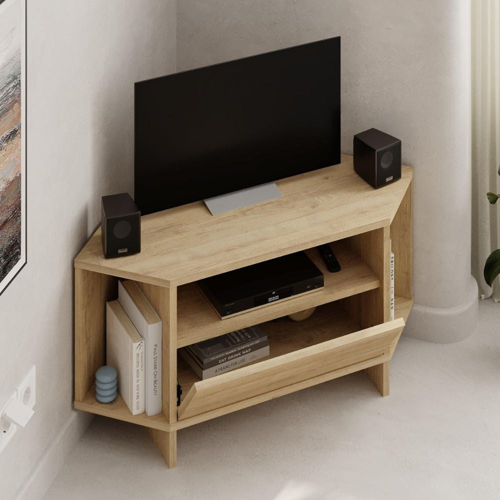 Porta tv angolare Viva con nicchie a giorno in colore rovere