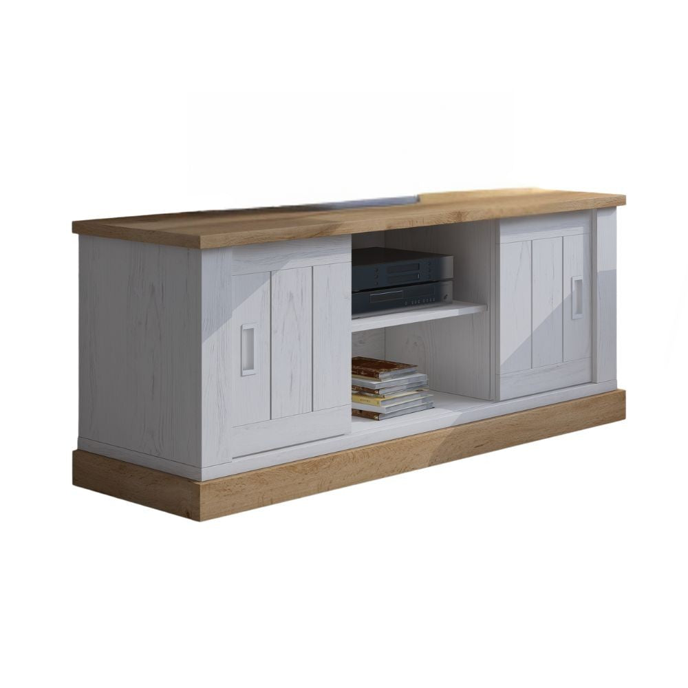 Porta tv Anthony III con 2 ante scorrevoli e vani a giorno colore rovere wotan e anderson pine stile shabby