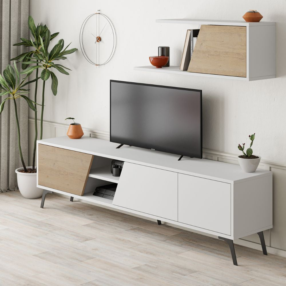 Porta tv Fiona bianco con anta rovere e mensola