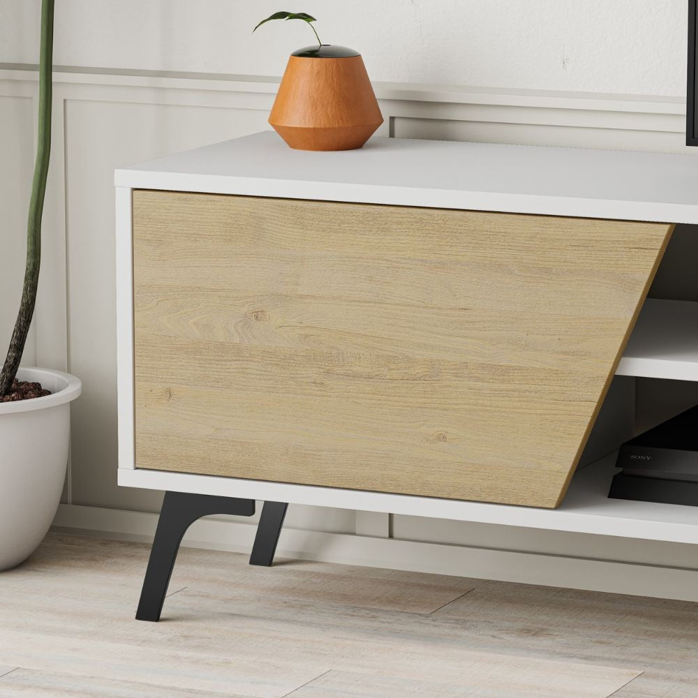 Porta tv Fiona bianco con anta rovere e mensola