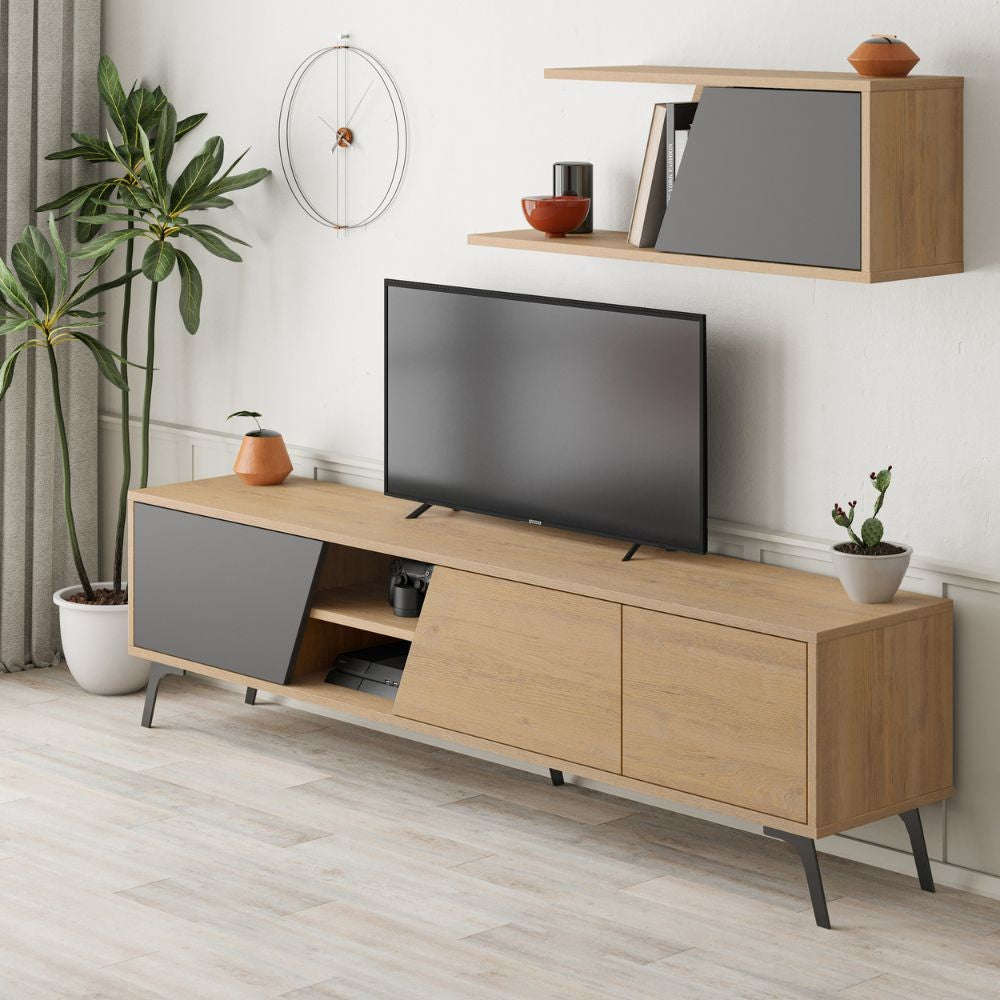 Porta tv Fiona rovere con anta antracite e mensola