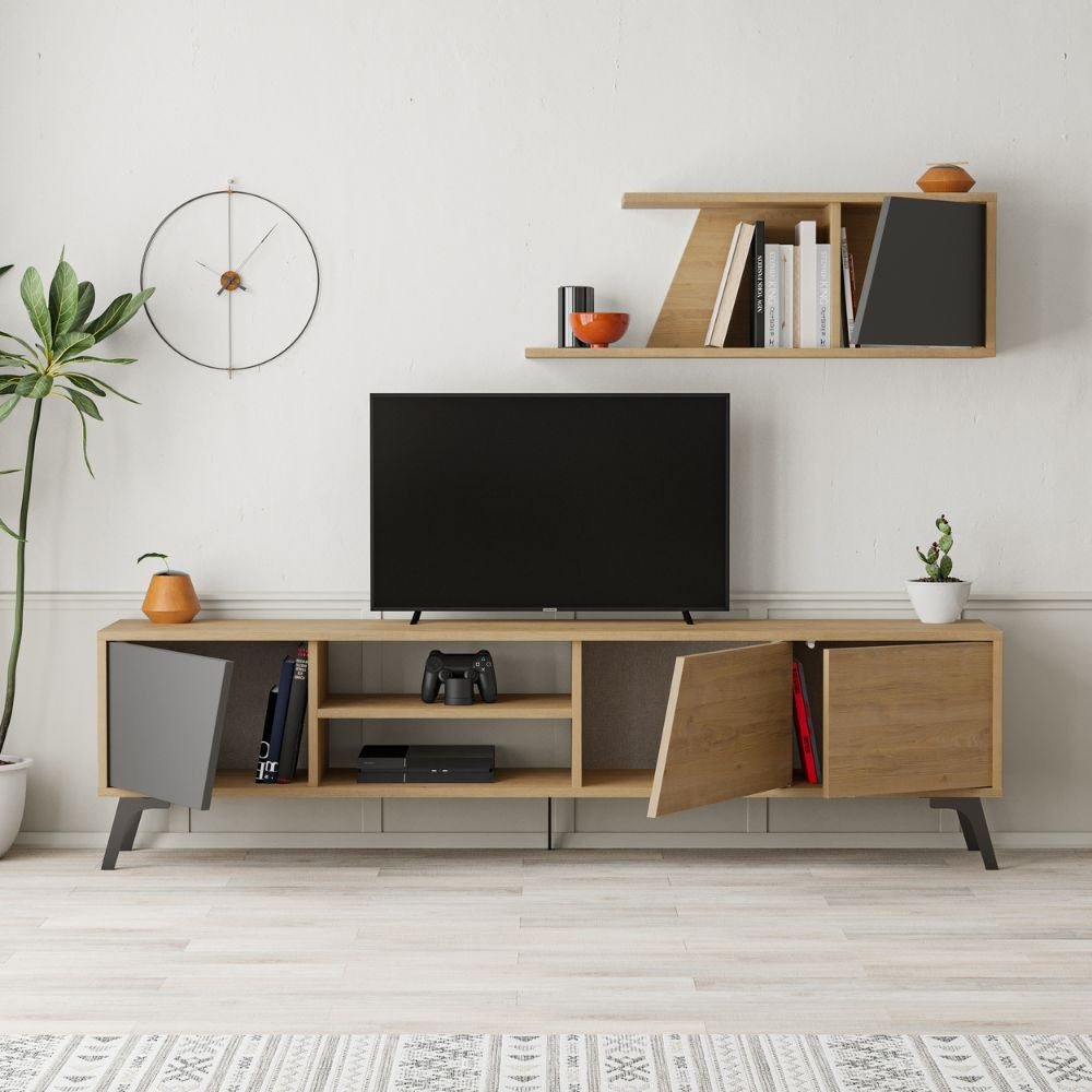 Porta tv Fiona rovere con anta antracite e mensola