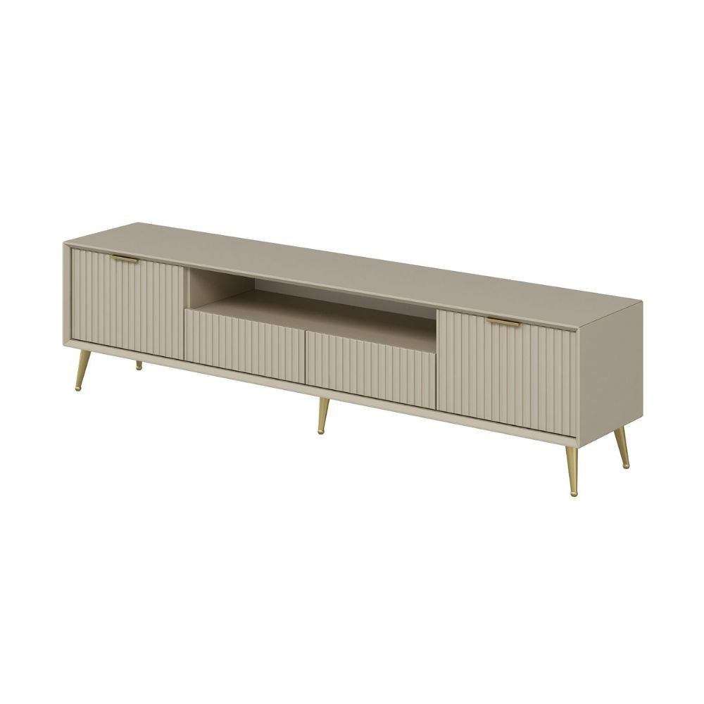Porta tv Kale con 4 ante effetto cannettato e nicchia a giorno colore cashmere con maniglie e piedini oro