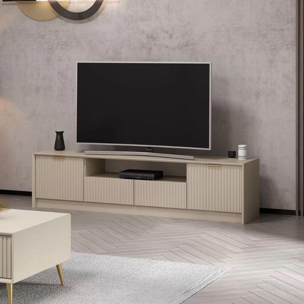 Porta tv Kale con 4 ante effetto cannettato e nicchia a giorno con maniglie oro