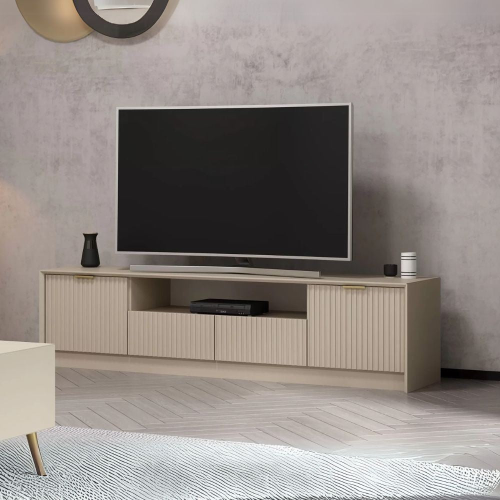 Porta tv Kale con 4 ante effetto cannettato e nicchia a giorno con maniglie oro
