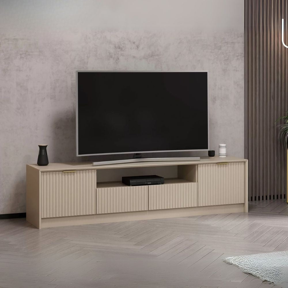 Porta tv Kale con 4 ante effetto cannettato e nicchia a giorno con maniglie oro