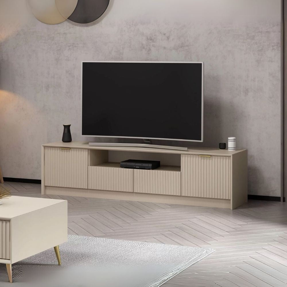 Porta tv Kale con 4 ante effetto cannettato e nicchia a giorno con maniglie oro