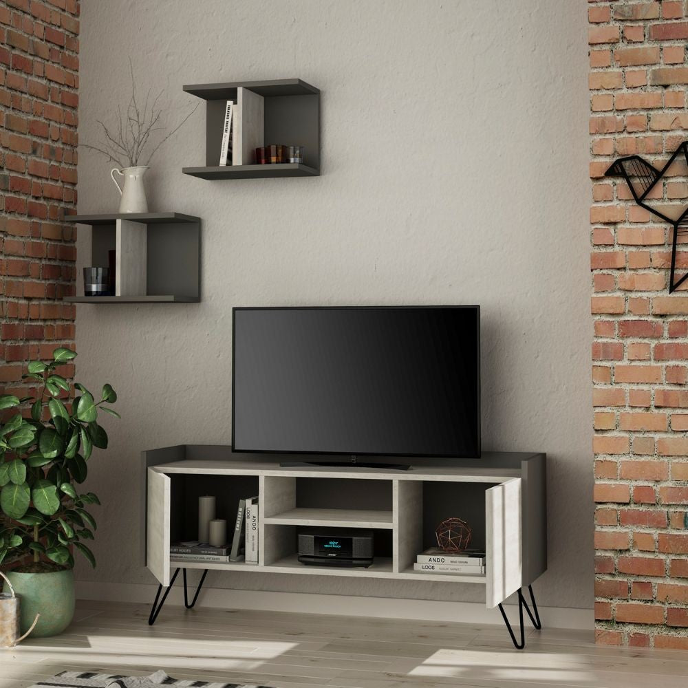 Porta TV Klappe antracite con ante bianche vintage e due mensole