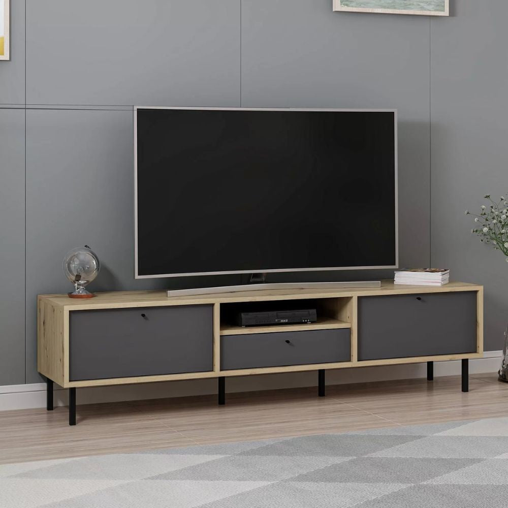 Porta tv Lida con 3 ante e 1 nicchia a giorno colore antracite e struttura rovere