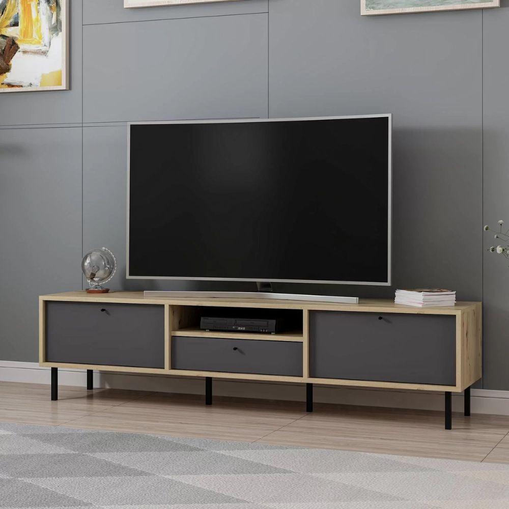 Porta tv Lida con 3 ante e 1 nicchia a giorno colore antracite e struttura rovere