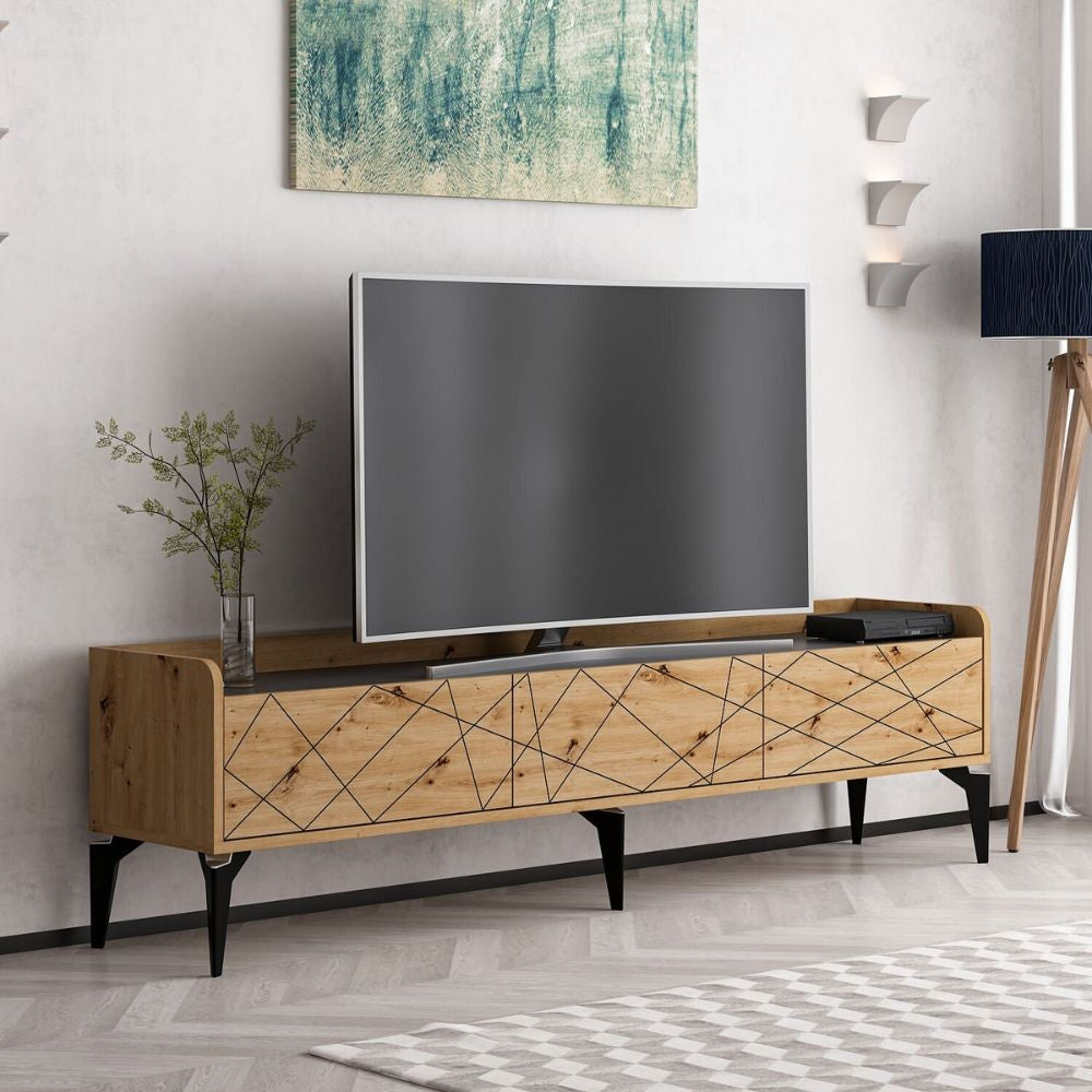 Porta tv Raya con 3 ante colore rovere nodato con intagli e top colore antracite