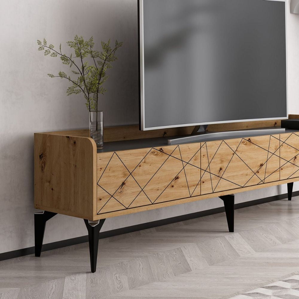 Porta tv Raya con 3 ante colore rovere nodato con intagli e top colore antracite