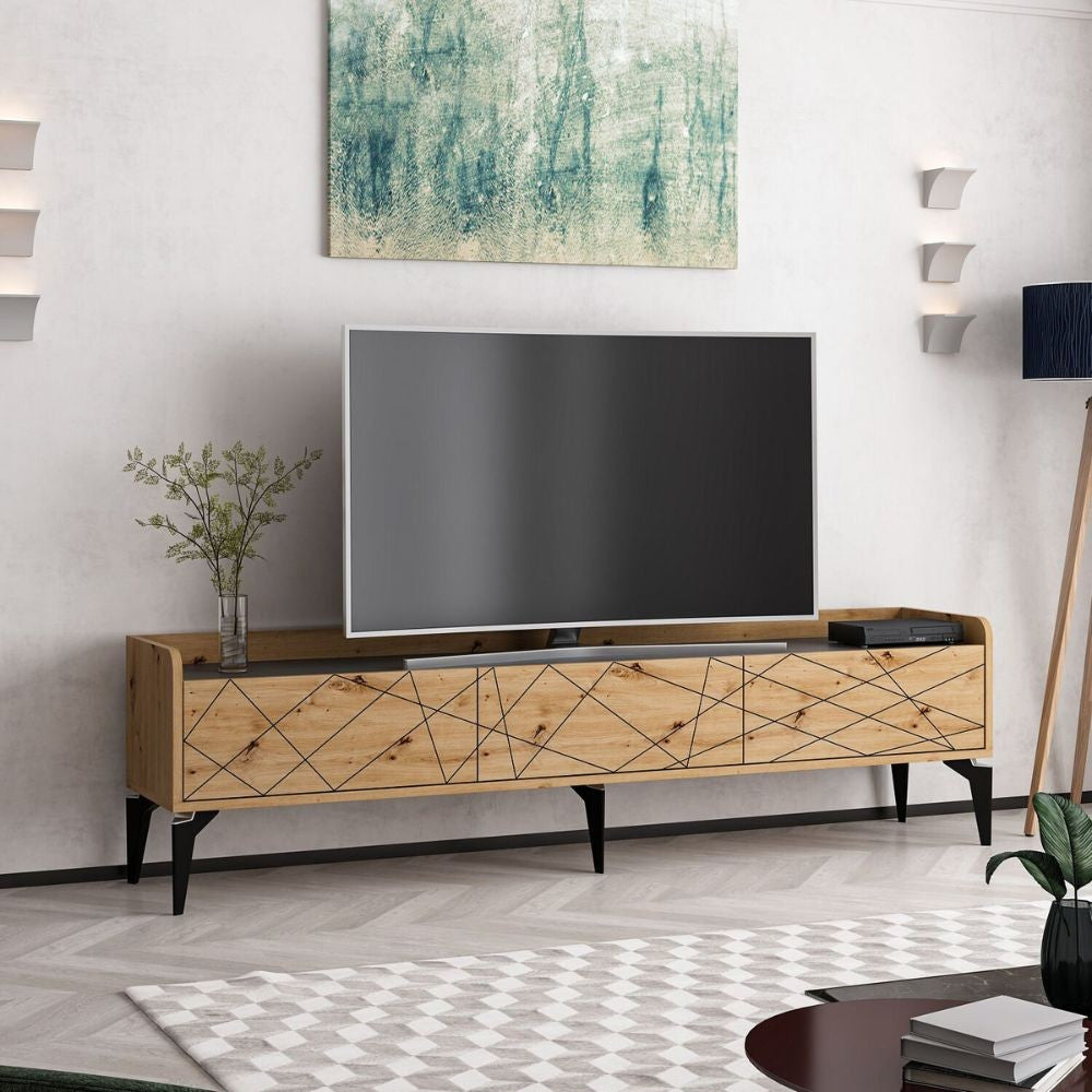 Porta tv Raya con 3 ante colore rovere nodato con intagli e top colore antracite