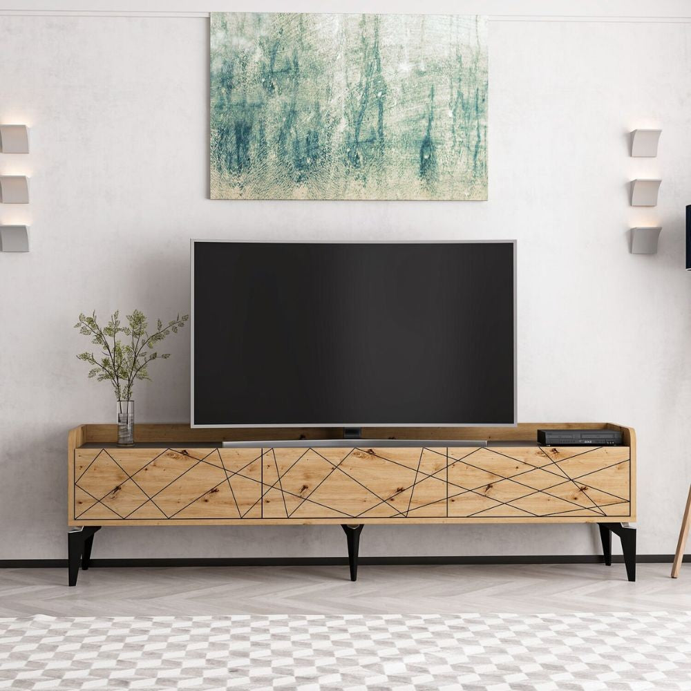 Porta tv Raya con 3 ante colore rovere nodato con intagli e top colore antracite