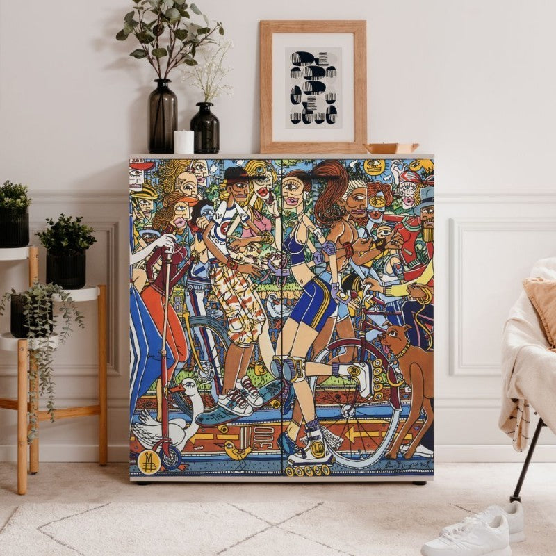 Scarpiera Move con 2 ante battenti decorate By Mauro Bergonzoli in stile pop art e 12 ripiani interni