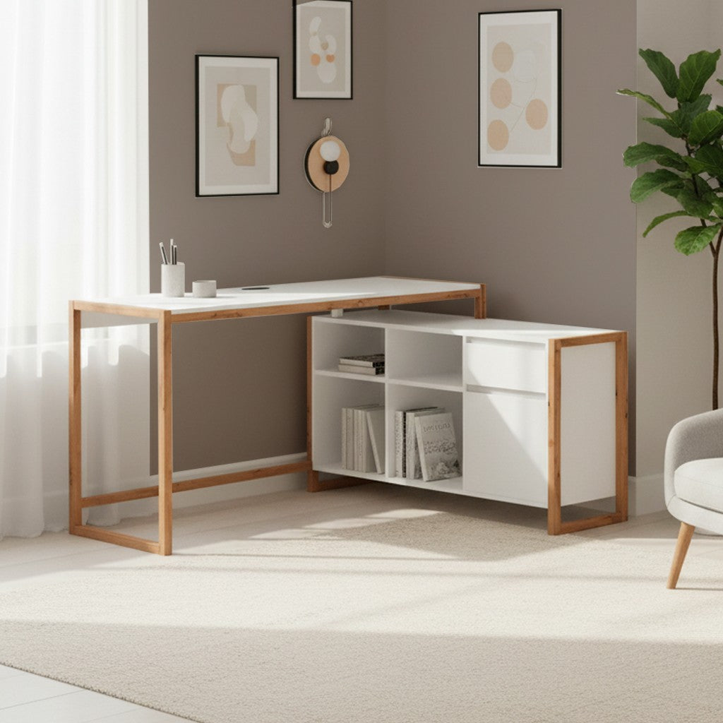 Scrivania angolare New Denver37A reversibile con 1 cassetto 1 anta e 4 ripiani in bianco e rovere