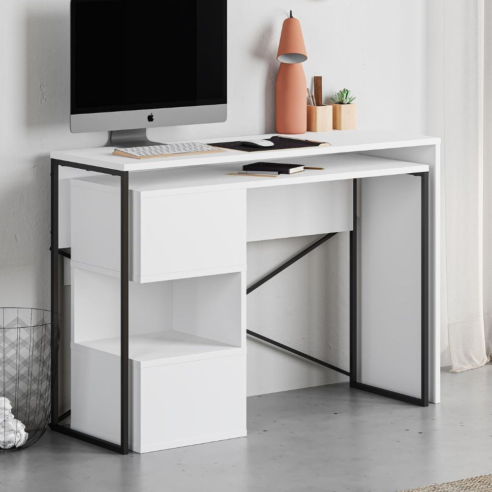 Scrivania espandibile Badau colore bianco e gambe in metallo nere 110x37.2x77 cm.