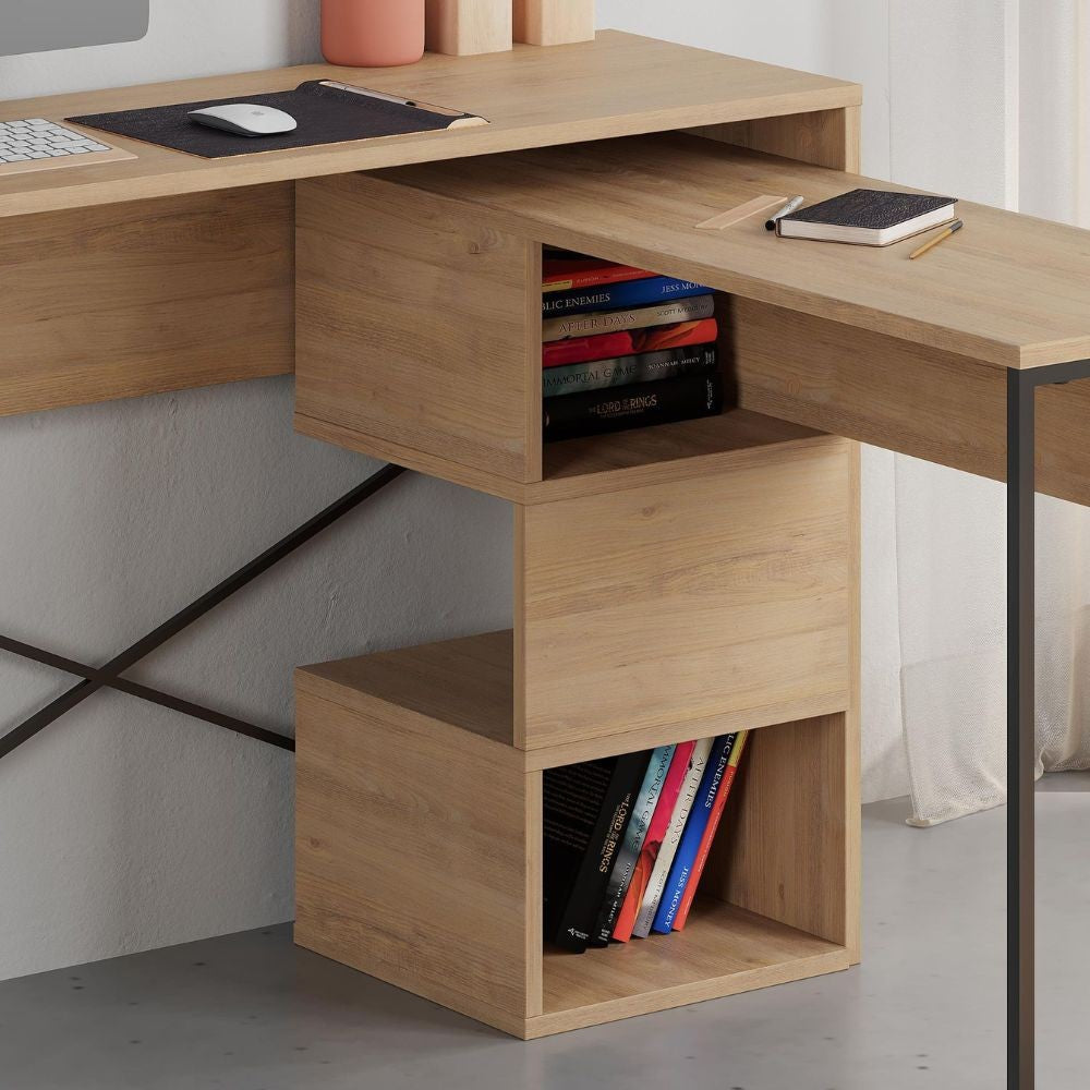 Scrivania espandibile Badau colore rovere e gambe in metallo nere 110x37.2x77 cm.