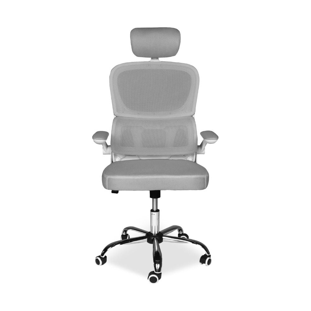 Sedia da ufficio ergonomica Vibes con struttura bianca e seduta in tessuto a rete grigio con base cromata