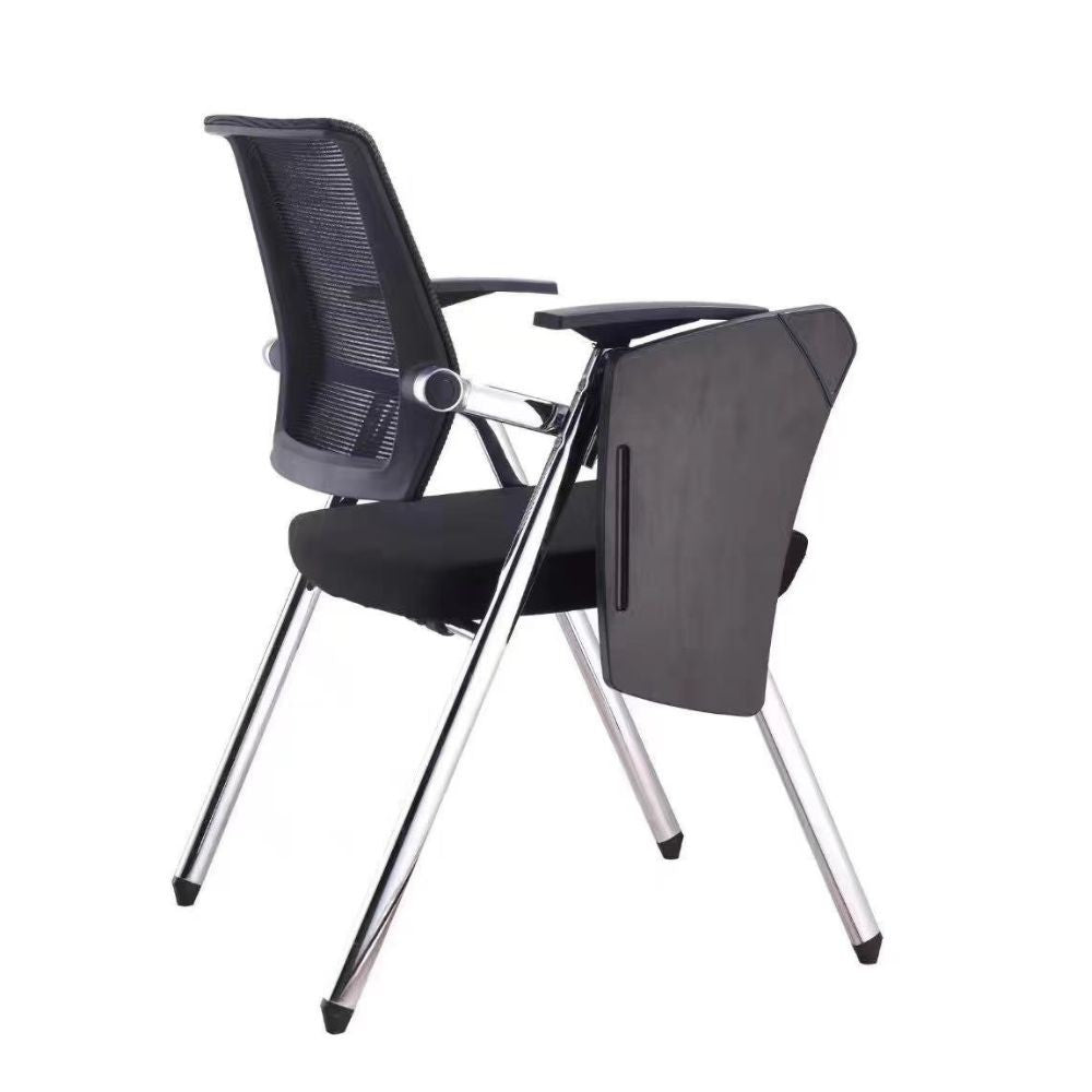 Sedia ufficio Loreto con tavolino ribaltabile, gambe in acciaio cromato e schienale in rete colore nero