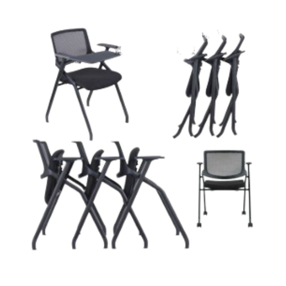 Sedia ufficio Loreto con tavolino ribaltabile, gambe in acciaio cromato e schienale in rete colore nero