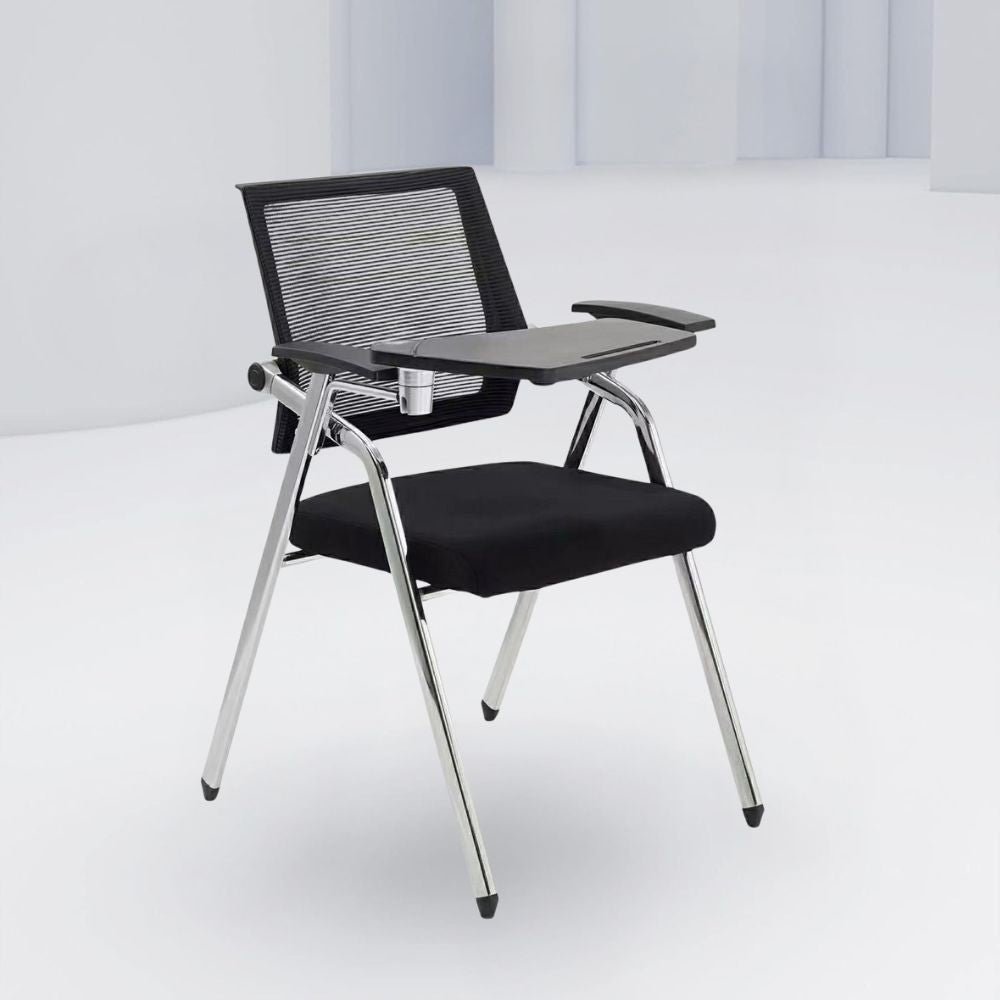 Sedia ufficio Loreto con tavolino ribaltabile, gambe in acciaio cromato e schienale in rete colore nero
