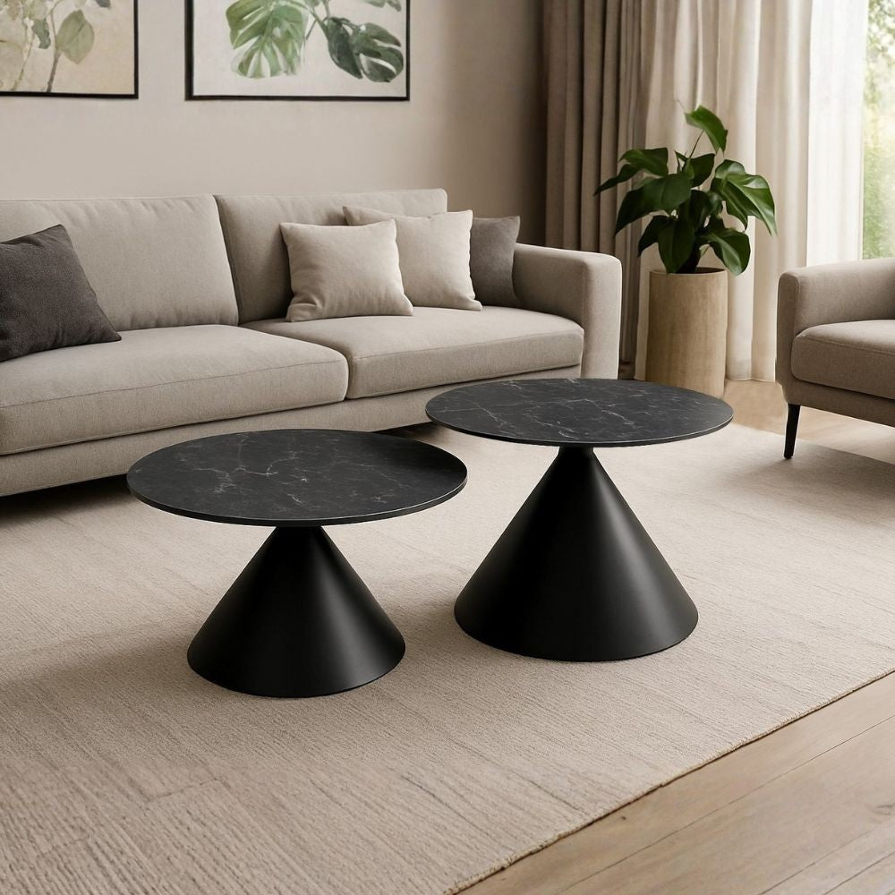 Set 2 tavolini da salotto basso Punto con piano effetto marmo nero e gambe in metallo nero