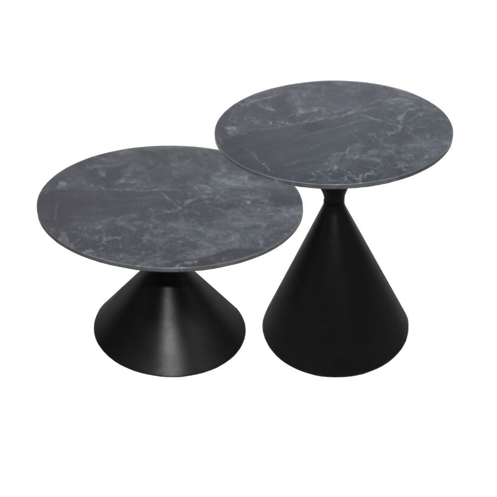 Set 2 tavolini da salotto basso Punto con piano effetto marmo nero e gambe in metallo nero