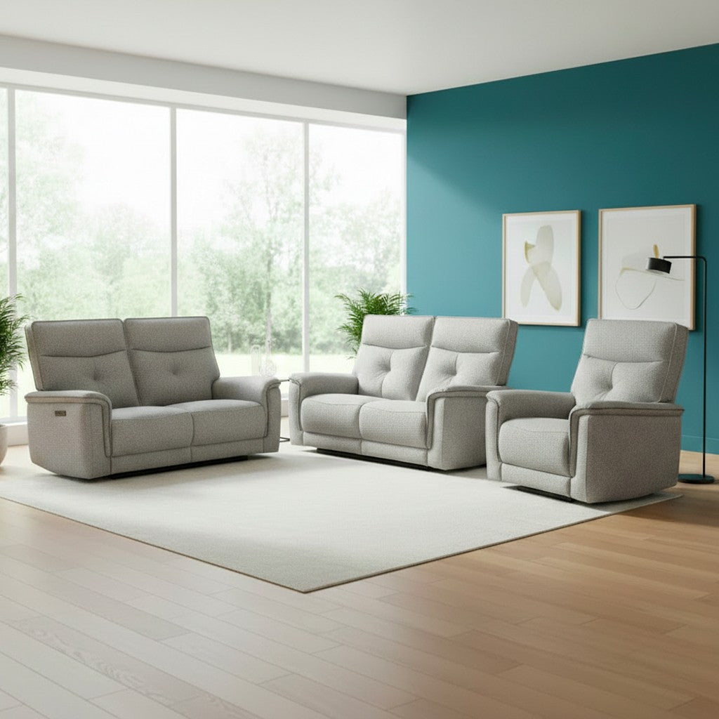 Set divani Elysio 2 e 3 posti e poltrona con recliner elettrici in tessuto G268 grigio