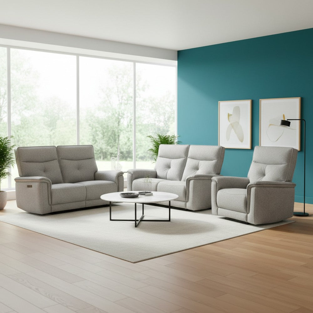 Set divani Elysio 2 e 3 posti e poltrona con recliner elettrici in tessuto G268 grigio