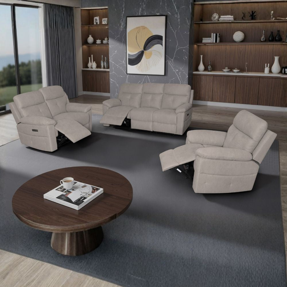 Set divani Kayde 2 e 3 posti e poltrona recliner elettrici in tessuto Mia 103-05 beige