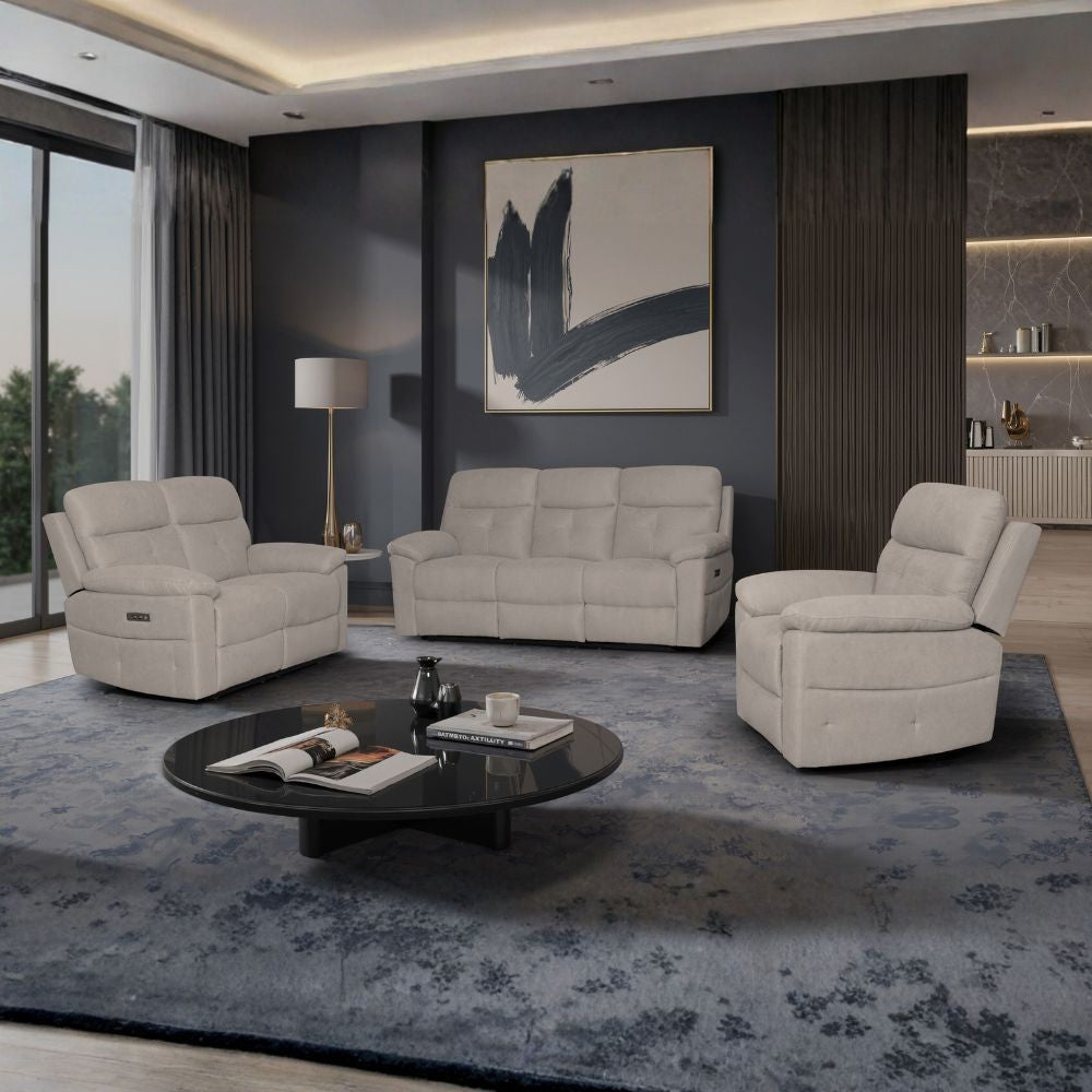 Set divani Kayde 2 e 3 posti e poltrona recliner elettrici in tessuto Mia 103-05 beige