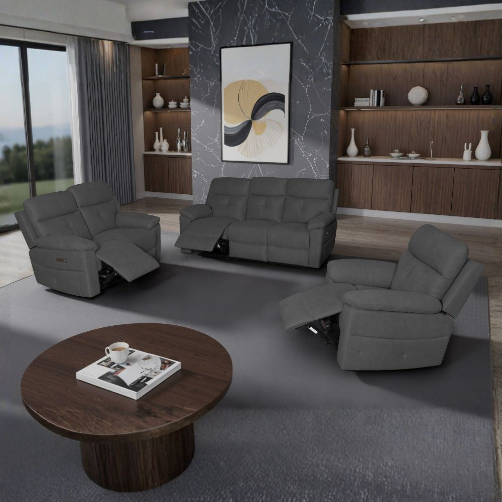 Set divani Kayde 2 e 3 posti e poltrona recliner elettrici in tessuto Mia 103-27 grigio scuro