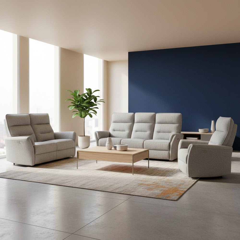 Set divani Softwave 2 e 3 posti e poltrona con recliner elettrici in tessuto G268 grigio