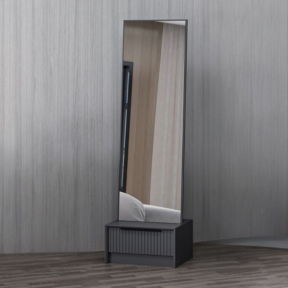 Specchio con base cassetto Kale colore antracite effetto cannettato