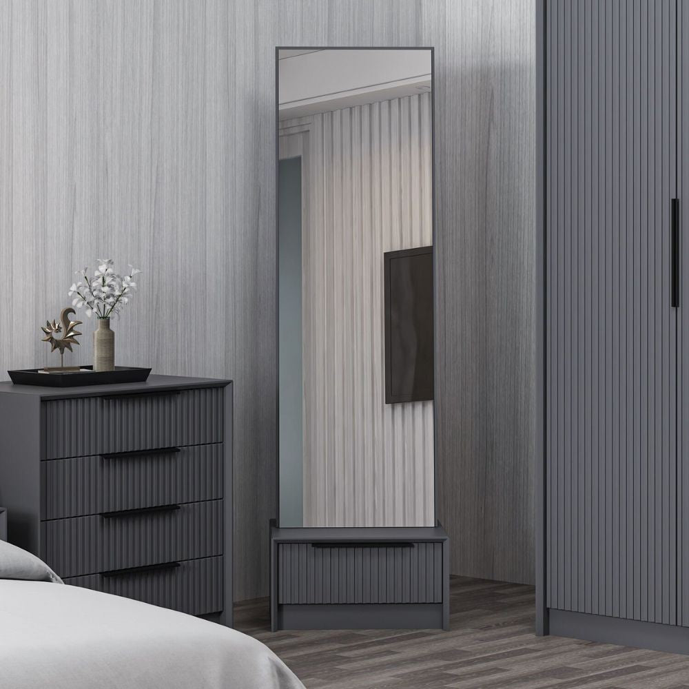 Specchio con base cassetto Kale colore antracite effetto cannettato