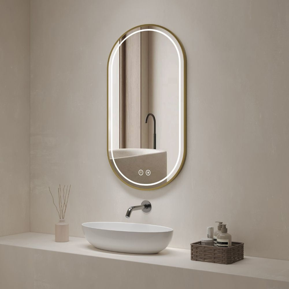 Specchio smart ovale YJ-2004ORO con cornice oro in acciaio inox satinato 90x60 cm.