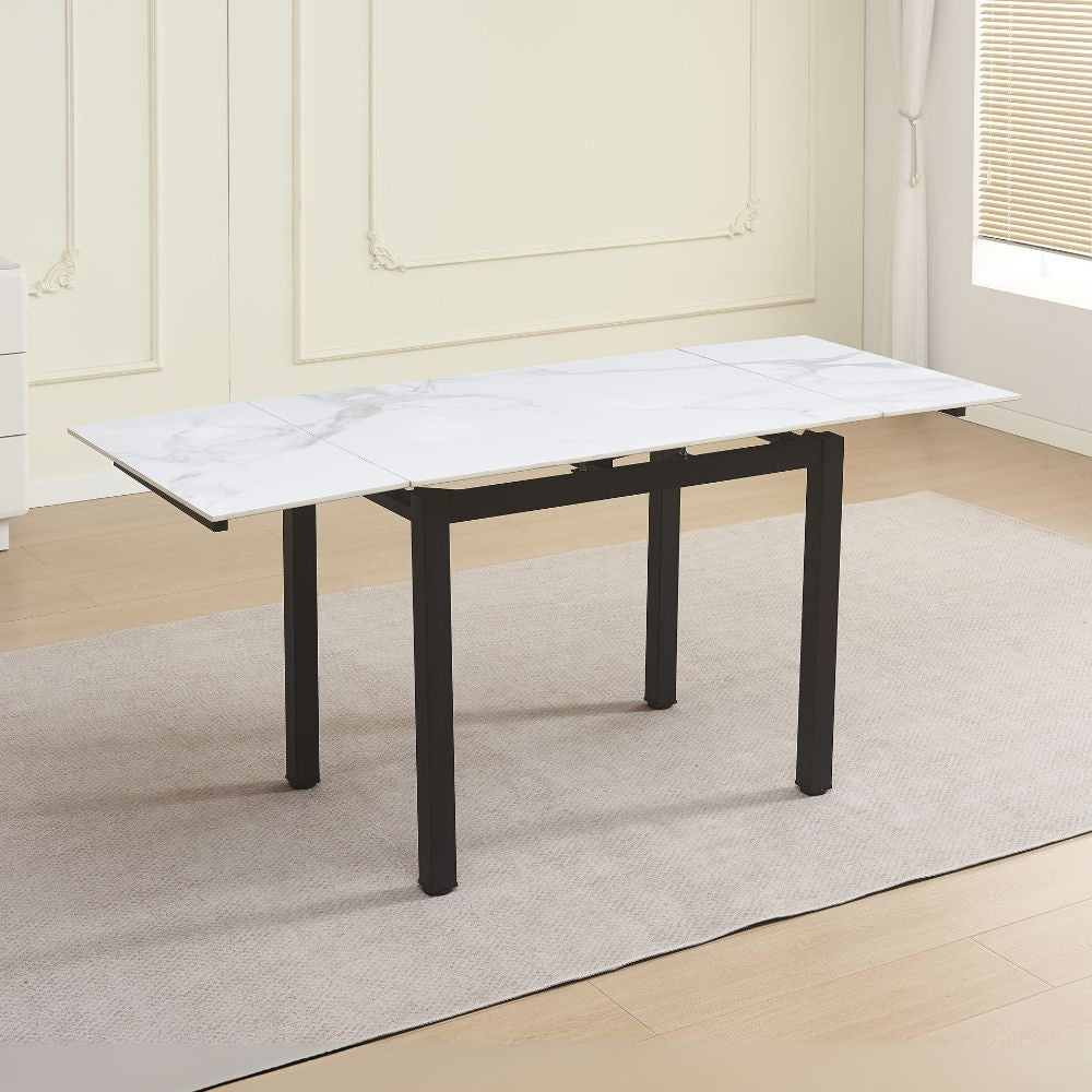 Tavolo allungabile Kyoto con piano in ceramica effetto marmo bianco lucido e struttura in metallo nero
