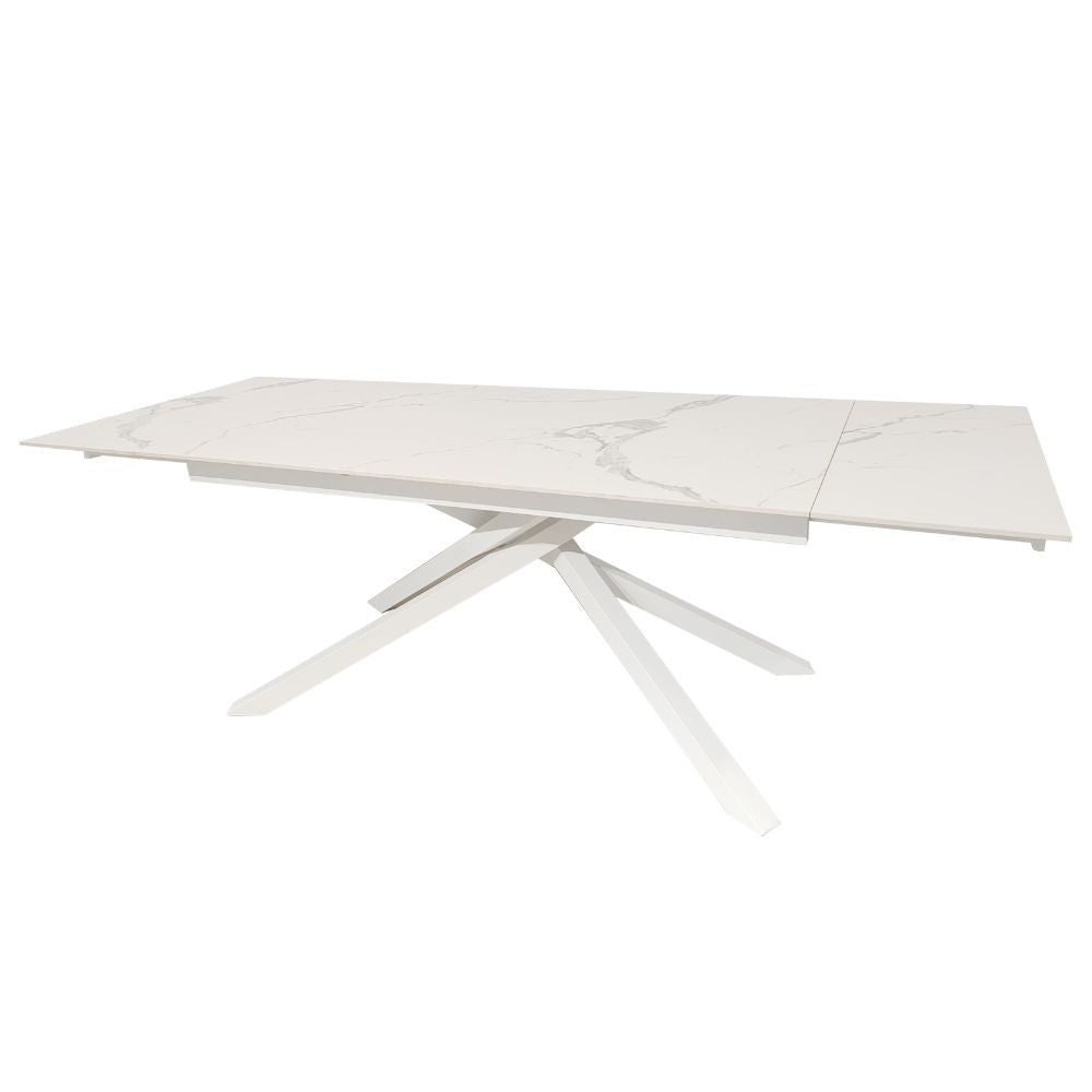 Tavolo allungabile Nefti con top in ceramica colore bianco statuario lucido con gambe bianche