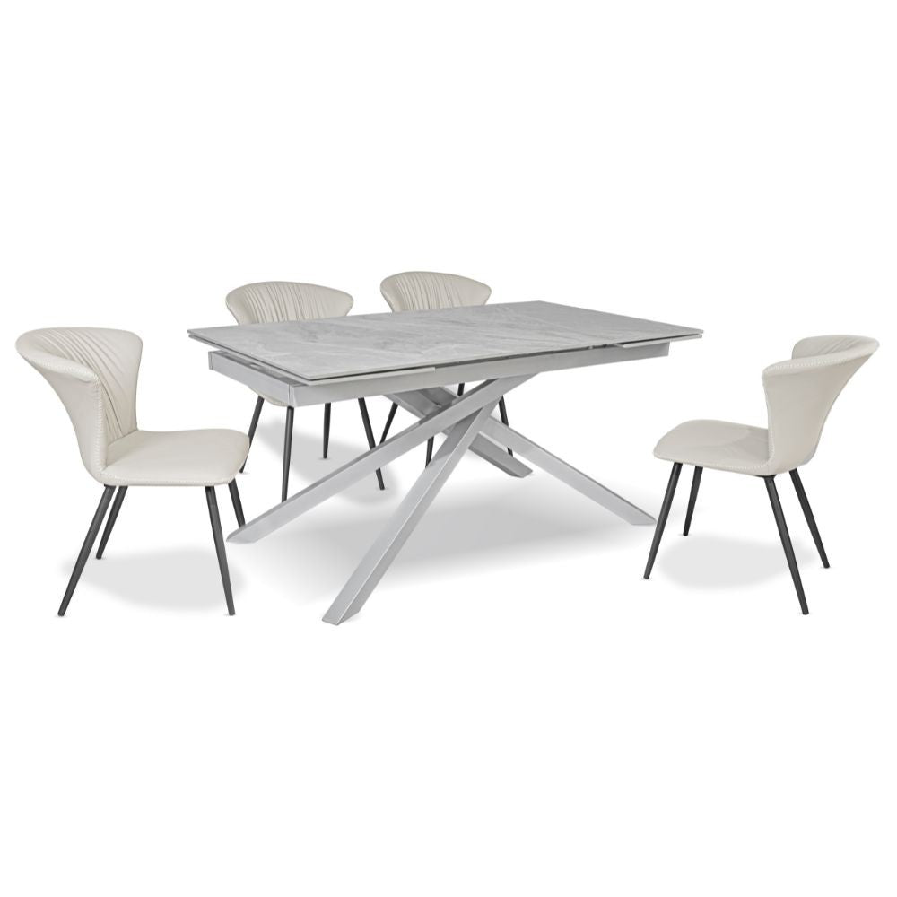 Tavolo allungabile Nefti con top in ceramica colore grigio chiaro italiano lucido con gambe argento