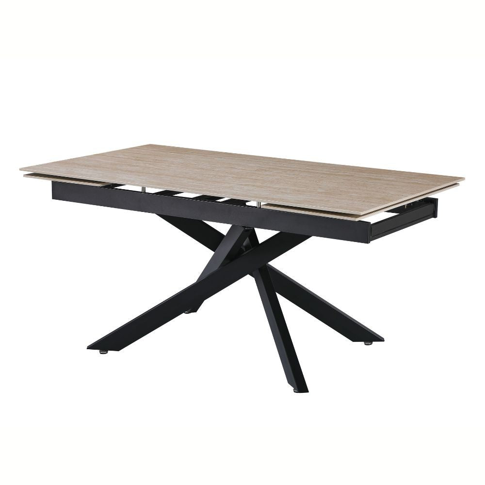 Tavolo allungabile Trivia con piano in ceramica effetto marmo travertino e gambe in metallo nero