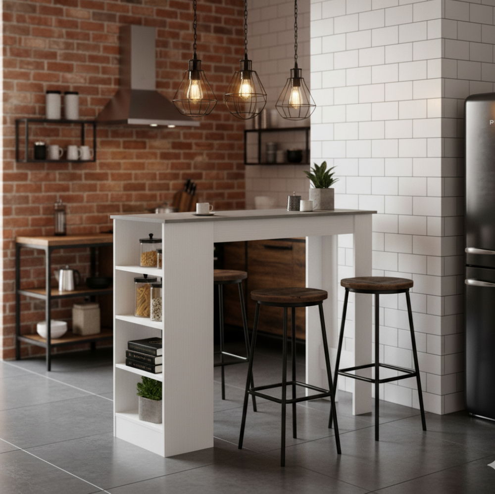 Tavolo consolle alta Kivo con 3 ripiani laterali colore bianco e cemento