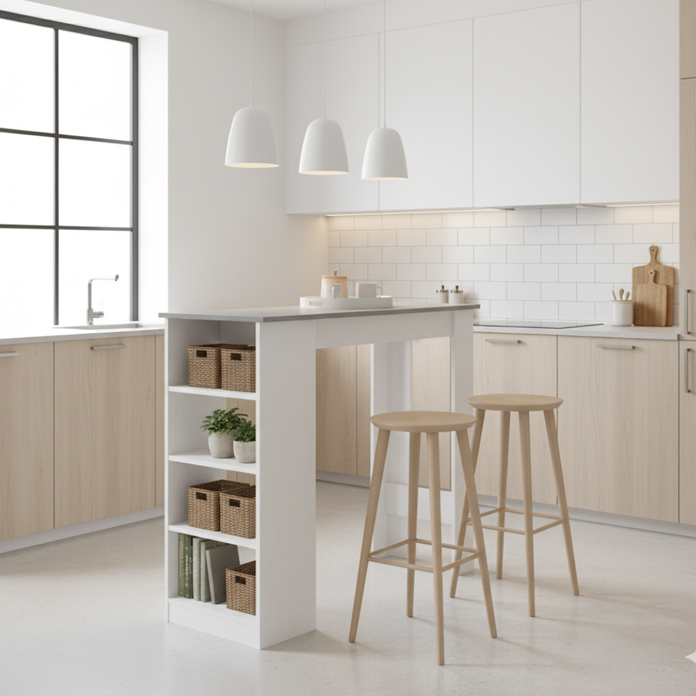 Tavolo consolle alta Kivo con 3 ripiani laterali colore bianco e cemento