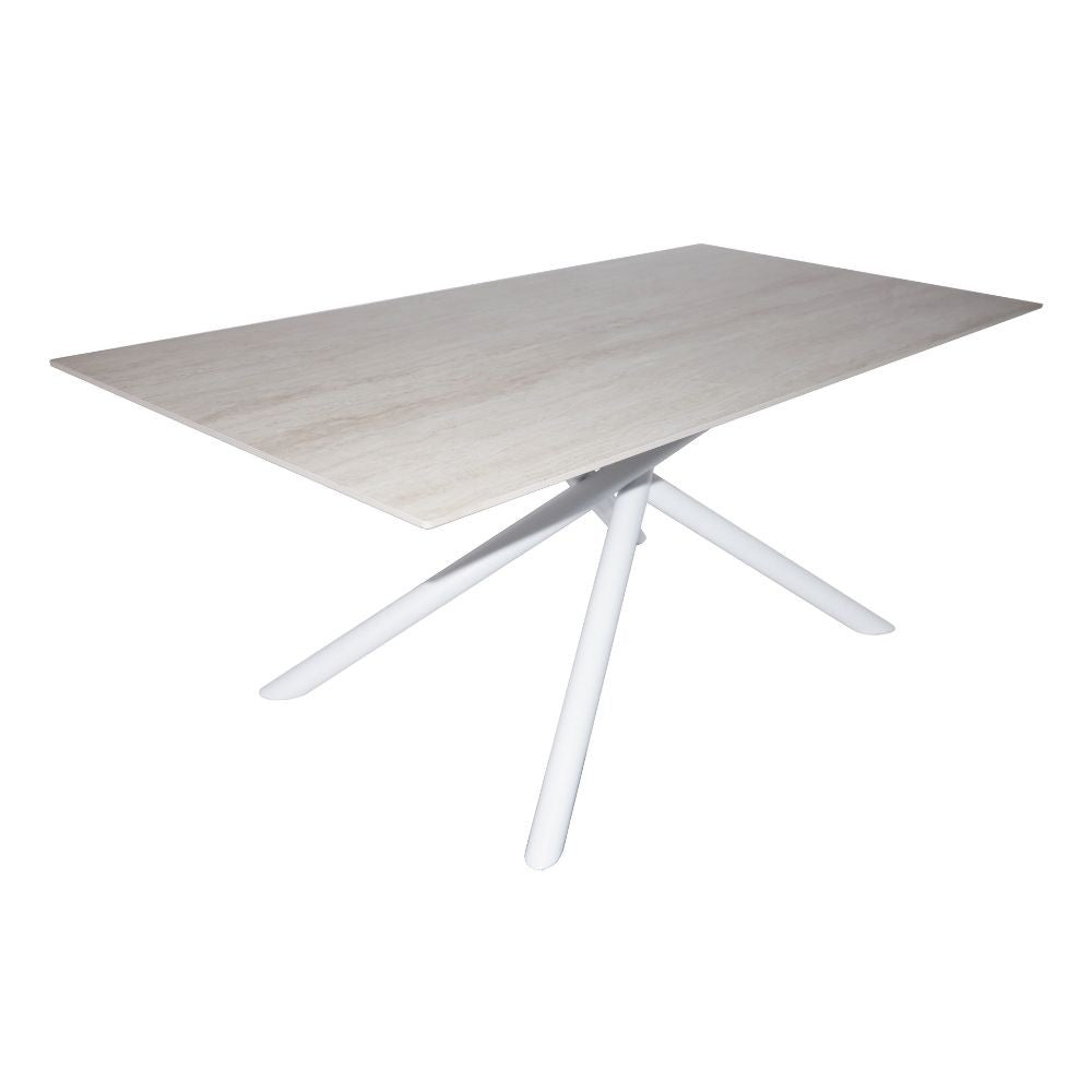 Tavolo fisso Corveo con piano colore travertino e struttura in metallo bianco