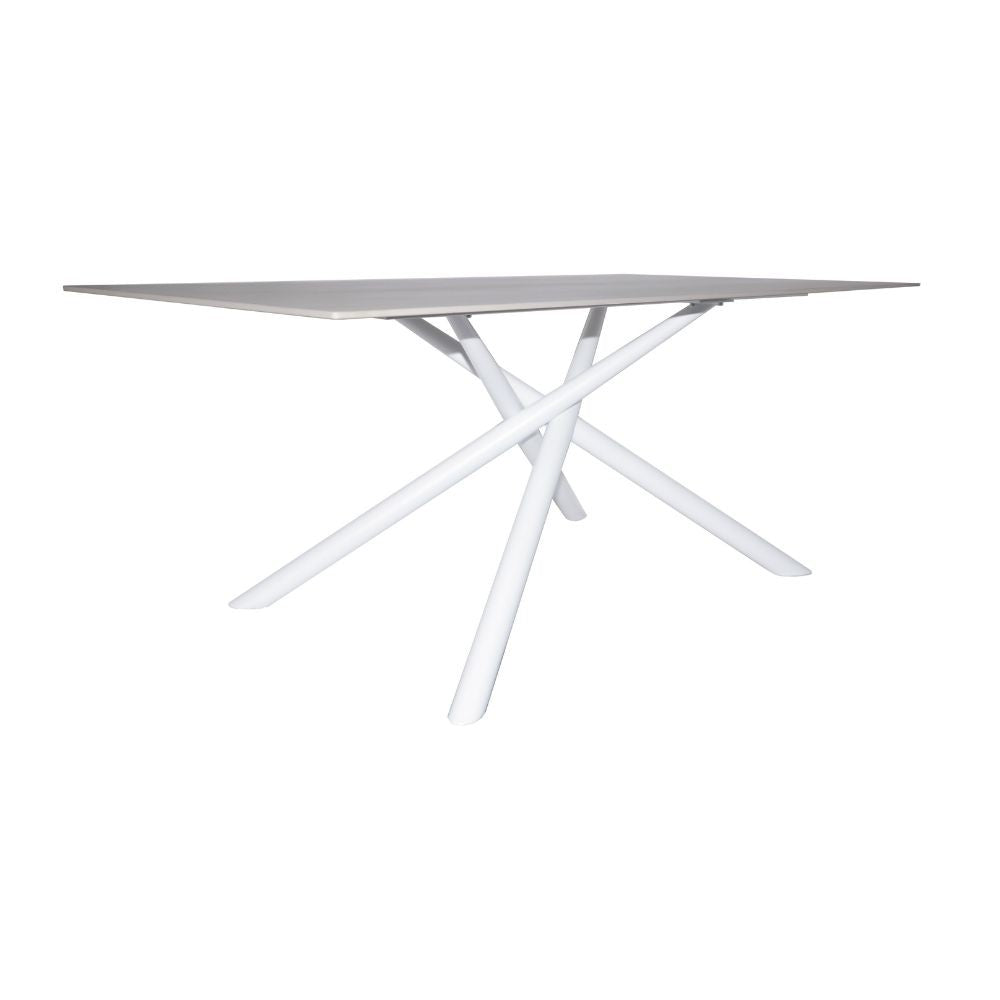 Tavolo fisso Corveo con piano colore travertino e struttura in metallo bianco