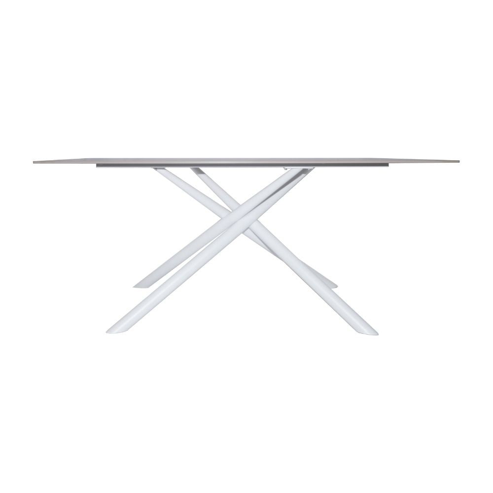 Tavolo fisso Corveo con piano colore travertino e struttura in metallo bianco