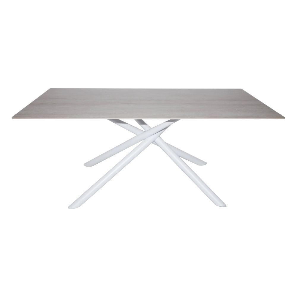 Tavolo fisso Corveo con piano colore travertino e struttura in metallo bianco